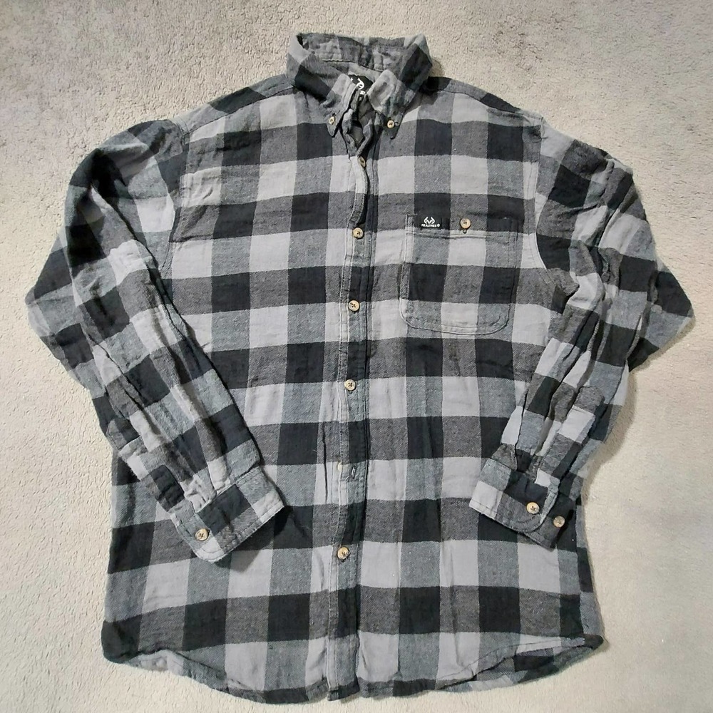 Realtree Shirt Mens Medium Gray Checkered Button Down Long Sleeve